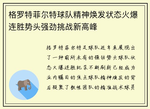 格罗特菲尔特球队精神焕发状态火爆连胜势头强劲挑战新高峰